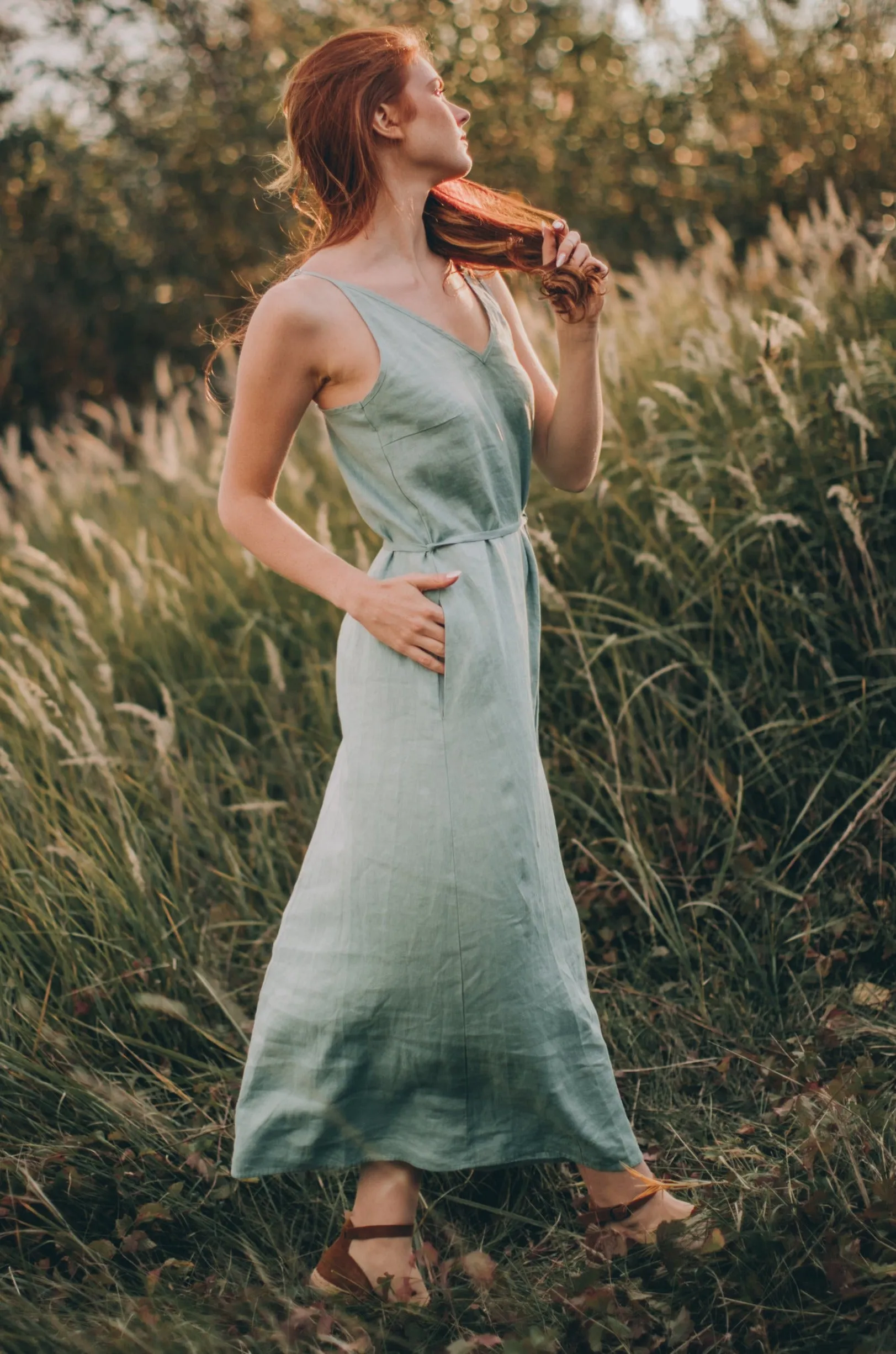 Linen Slip Dress with Strap Belt