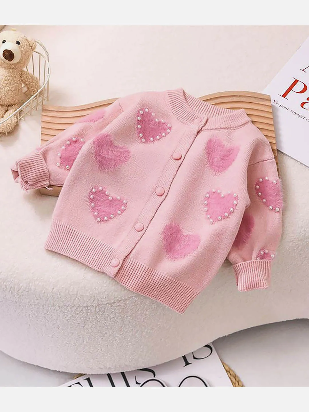 Little Surprise Box Baby Pink Pearl Hearts Warmer cardigan Sweater for Kids