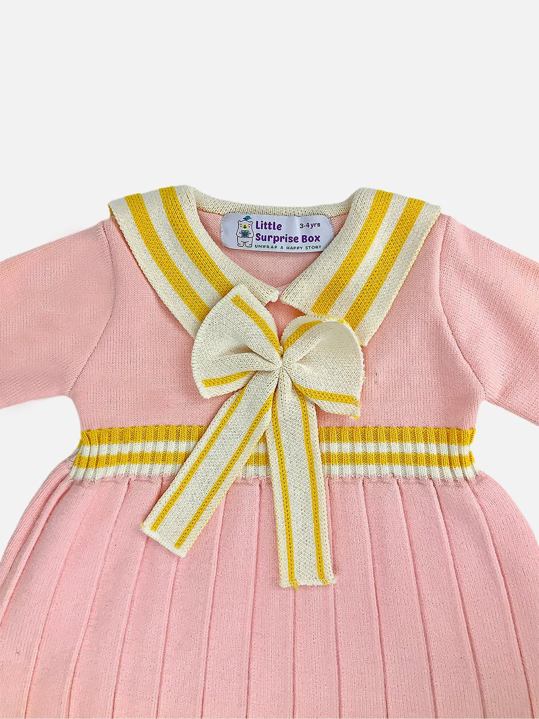 Little Surprise Box Pink & Mustard Big Bow & Stripes Sailor neck Winterwear Frock for girls