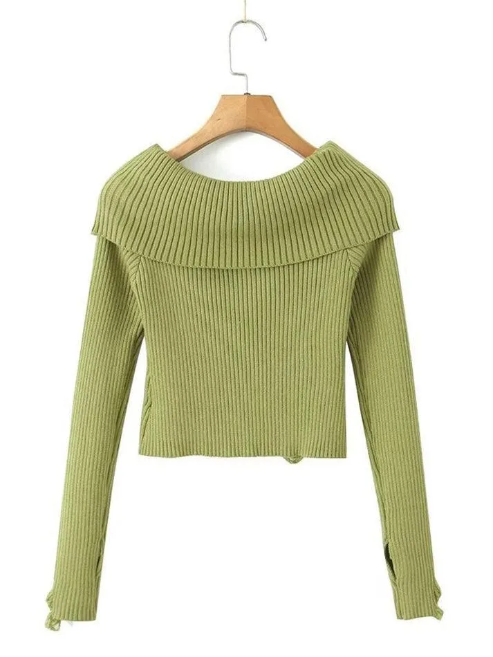 Long Sleeve Off-Shoulder Plain Ribbed-Knit Sweater