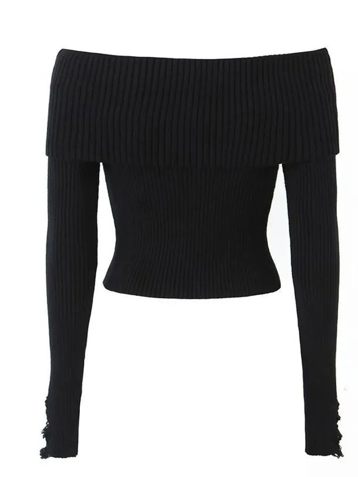 Long Sleeve Off-Shoulder Plain Ribbed-Knit Sweater