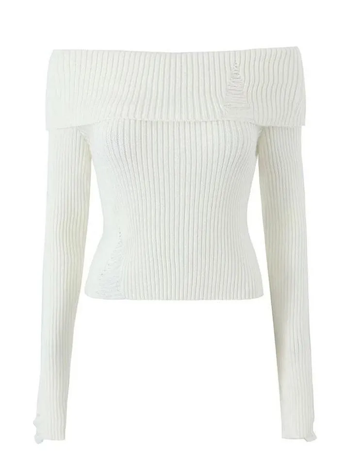 Long Sleeve Off-Shoulder Plain Ribbed-Knit Sweater