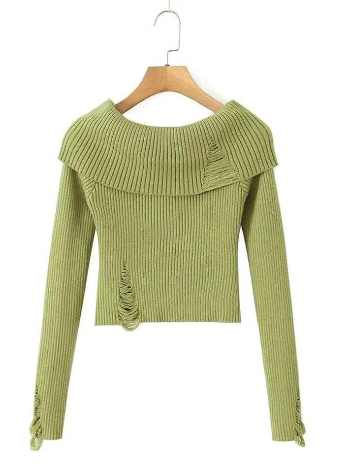 Long Sleeve Off-Shoulder Plain Ribbed-Knit Sweater