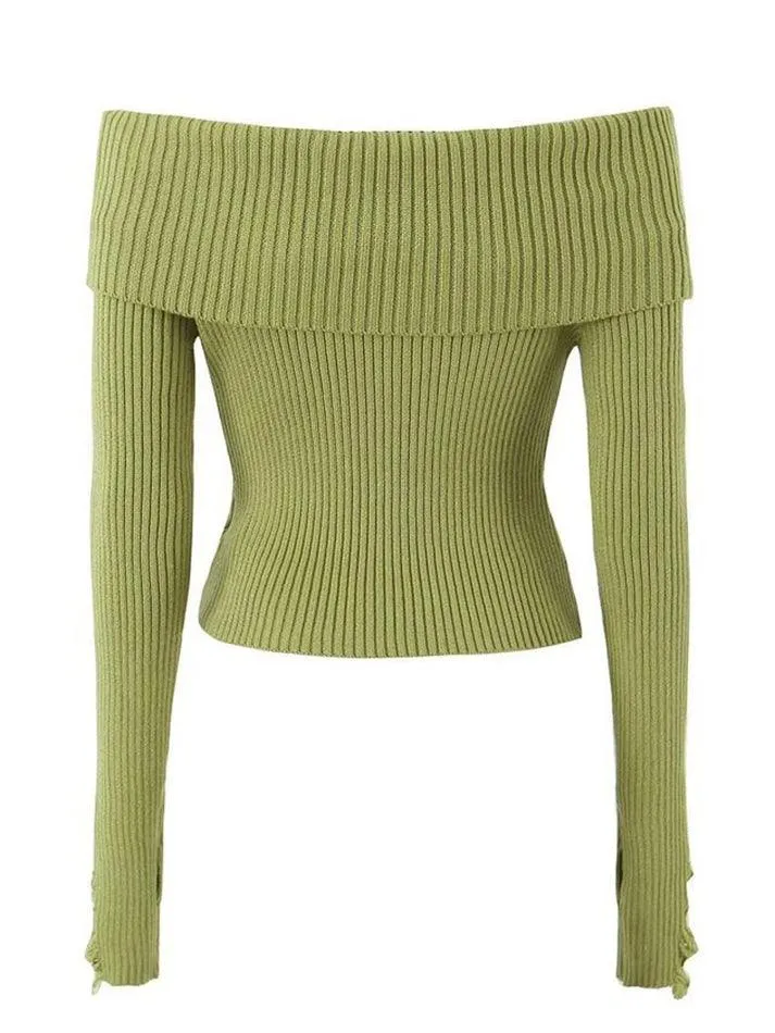 Long Sleeve Off-Shoulder Plain Ribbed-Knit Sweater