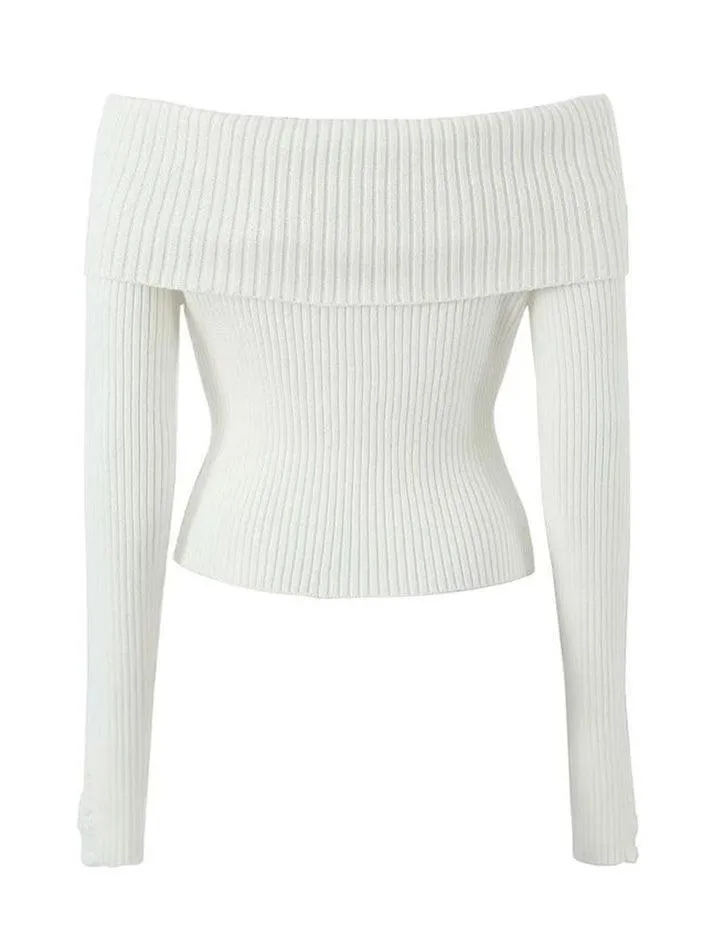 Long Sleeve Off-Shoulder Plain Ribbed-Knit Sweater