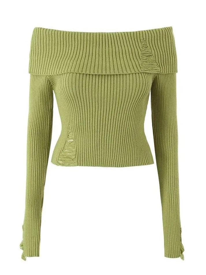 Long Sleeve Off-Shoulder Plain Ribbed-Knit Sweater