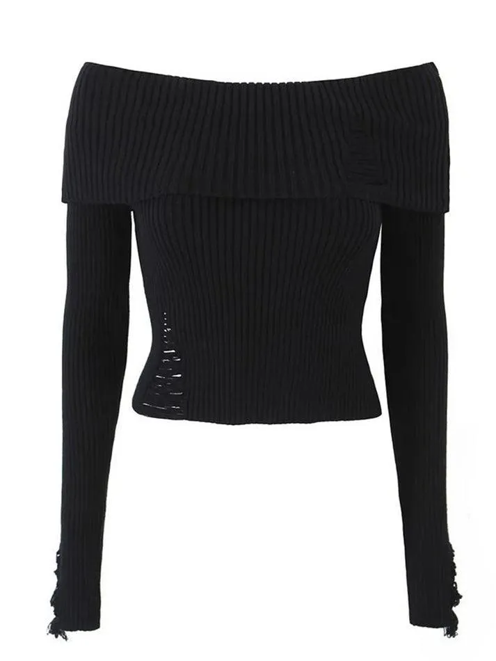 Long Sleeve Off-Shoulder Plain Ribbed-Knit Sweater