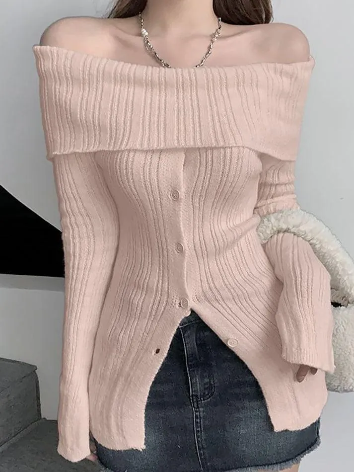 Long Sleeve Off-Shoulder Ribbed-Knit Sweater