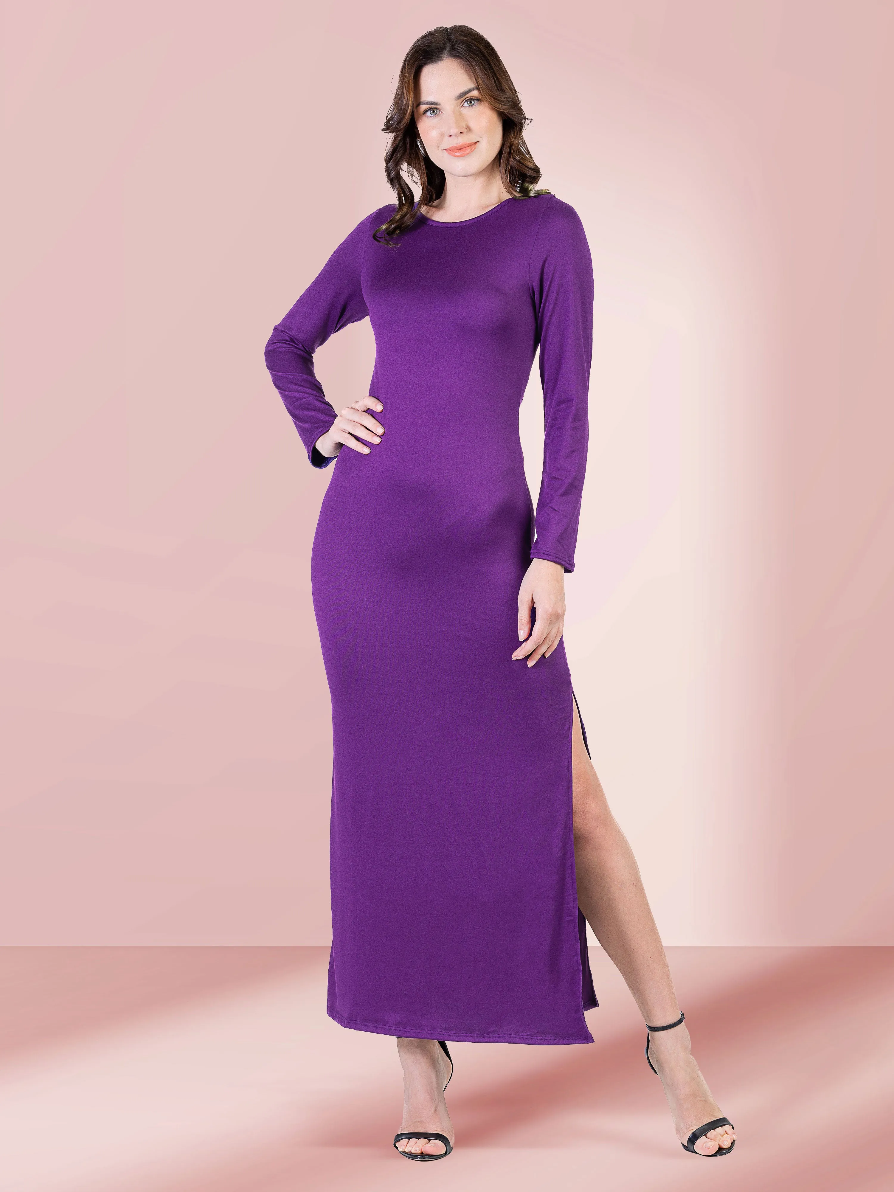 Long Sleeve Side Slit Fitted Maxi Dress