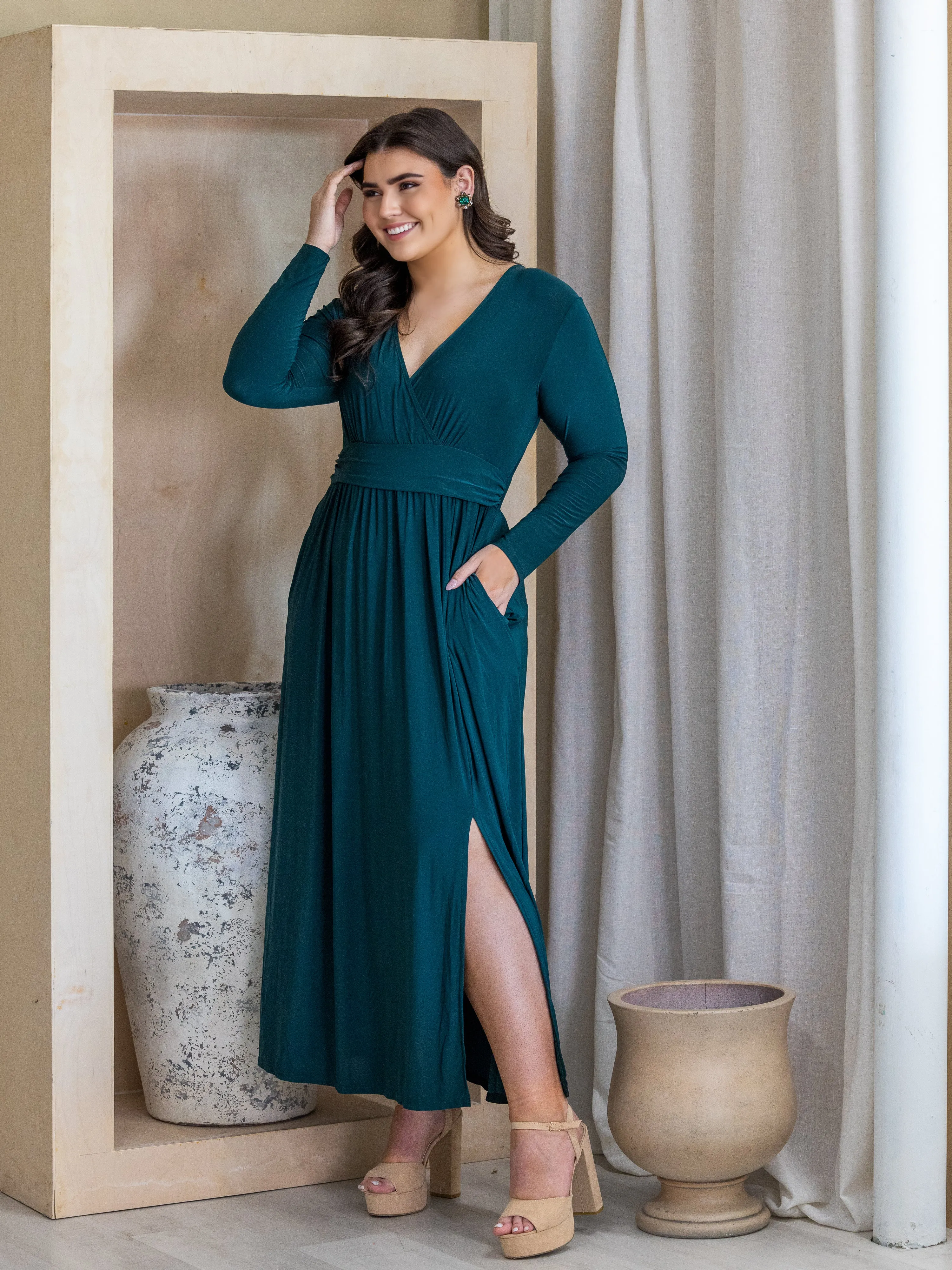 Long Sleeve V Neck Side Slit Plus Size Maxi Dress