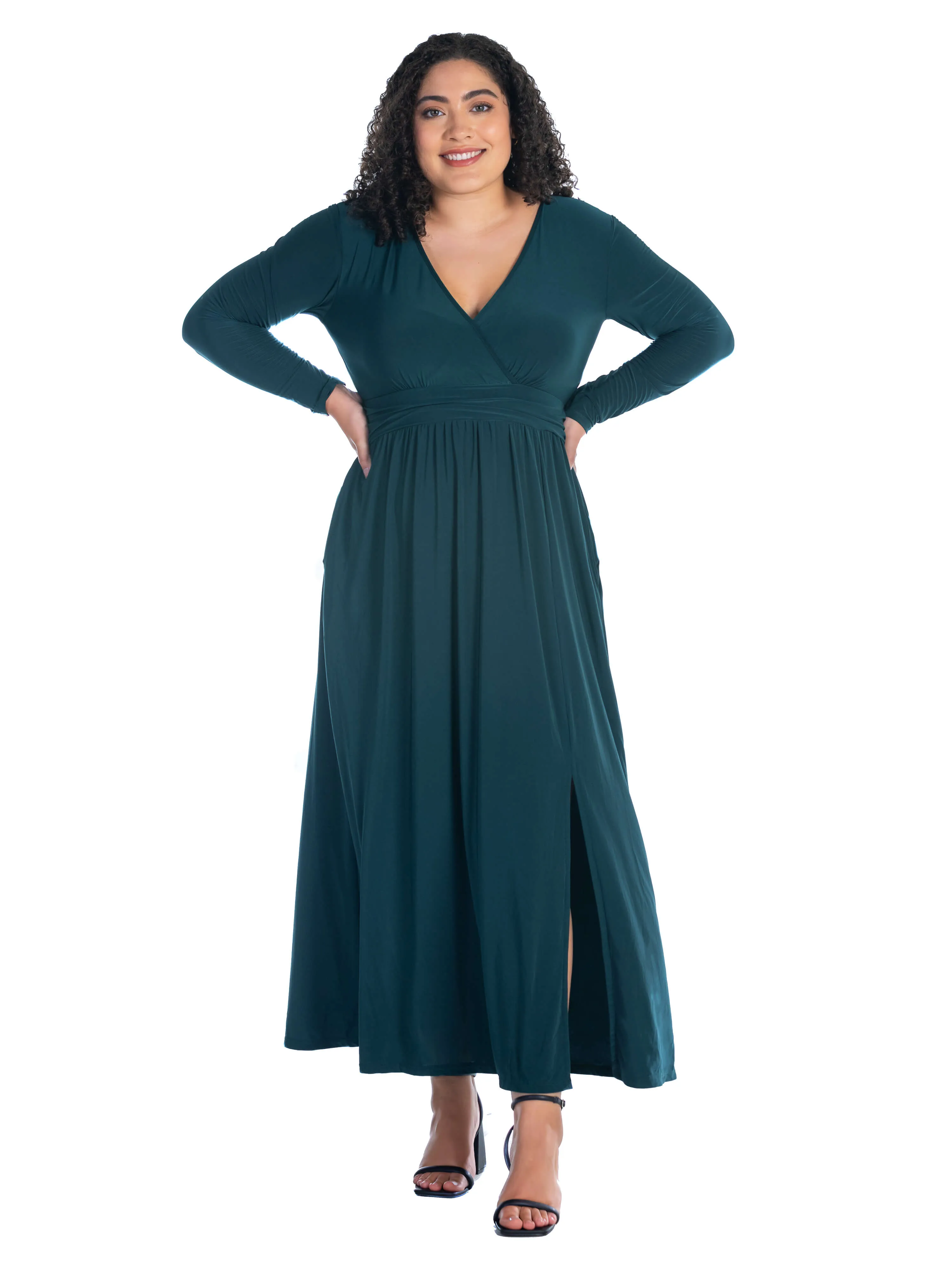 Long Sleeve V Neck Side Slit Plus Size Maxi Dress