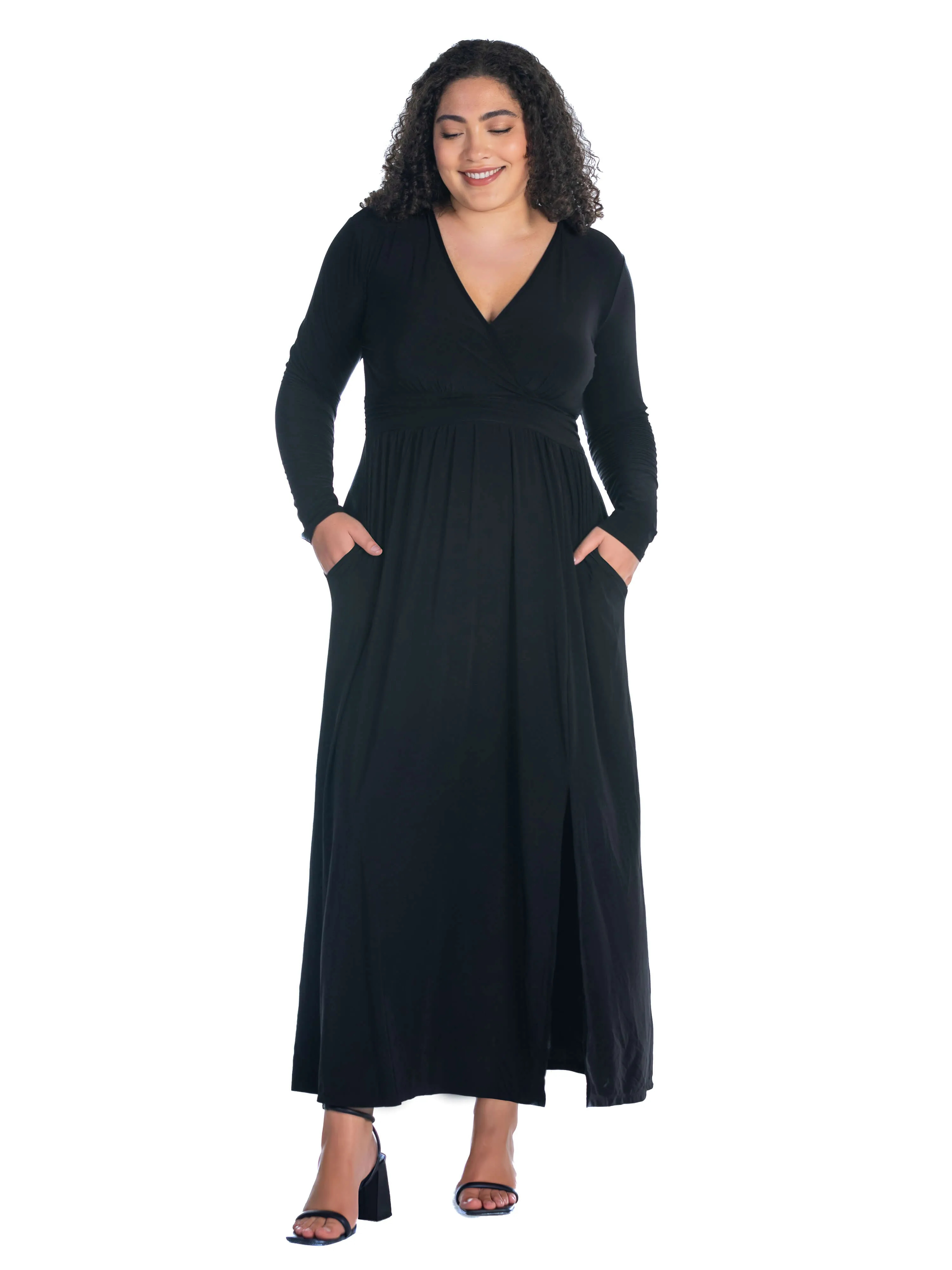 Long Sleeve V Neck Side Slit Plus Size Maxi Dress