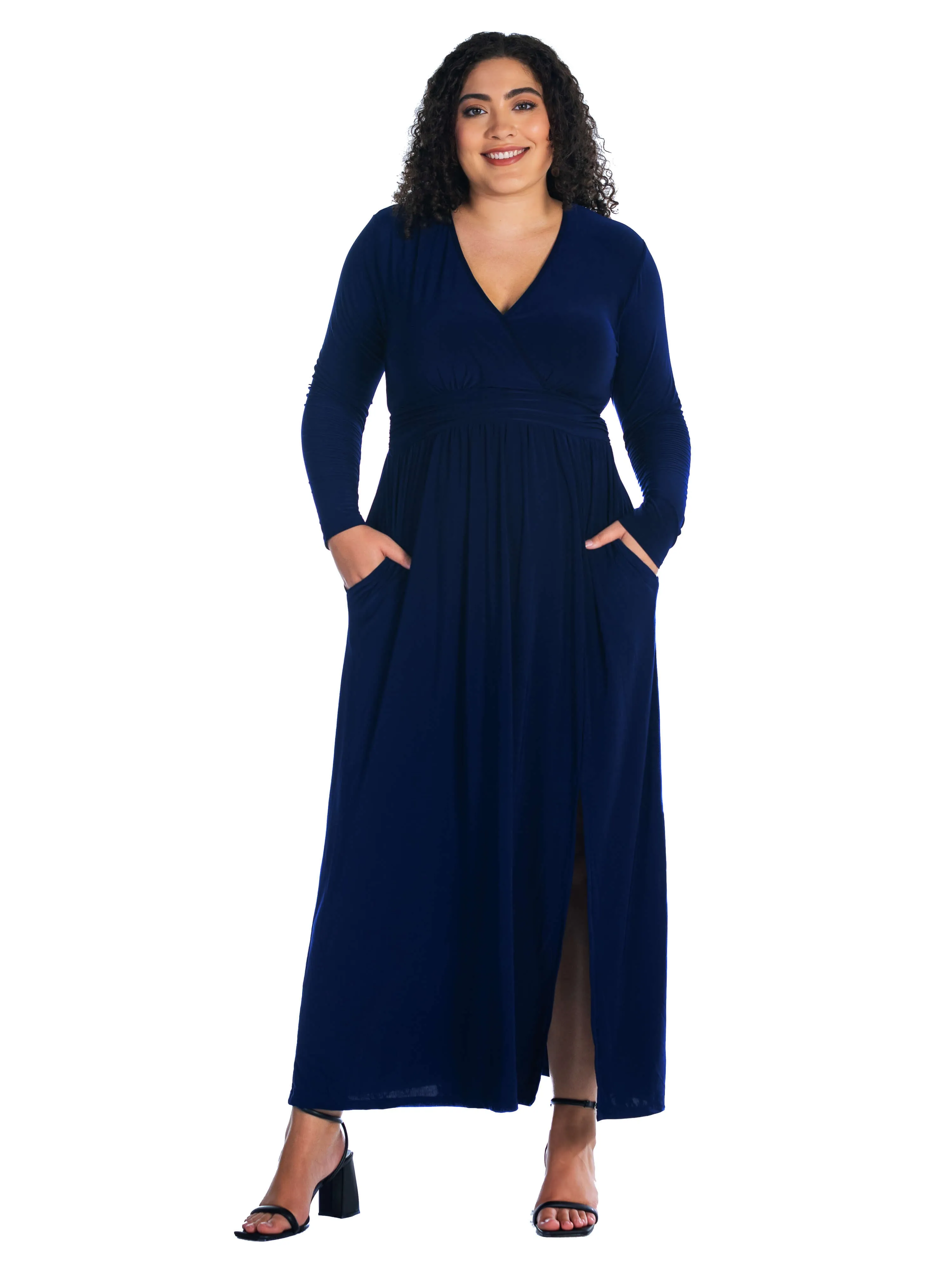 Long Sleeve V Neck Side Slit Plus Size Maxi Dress