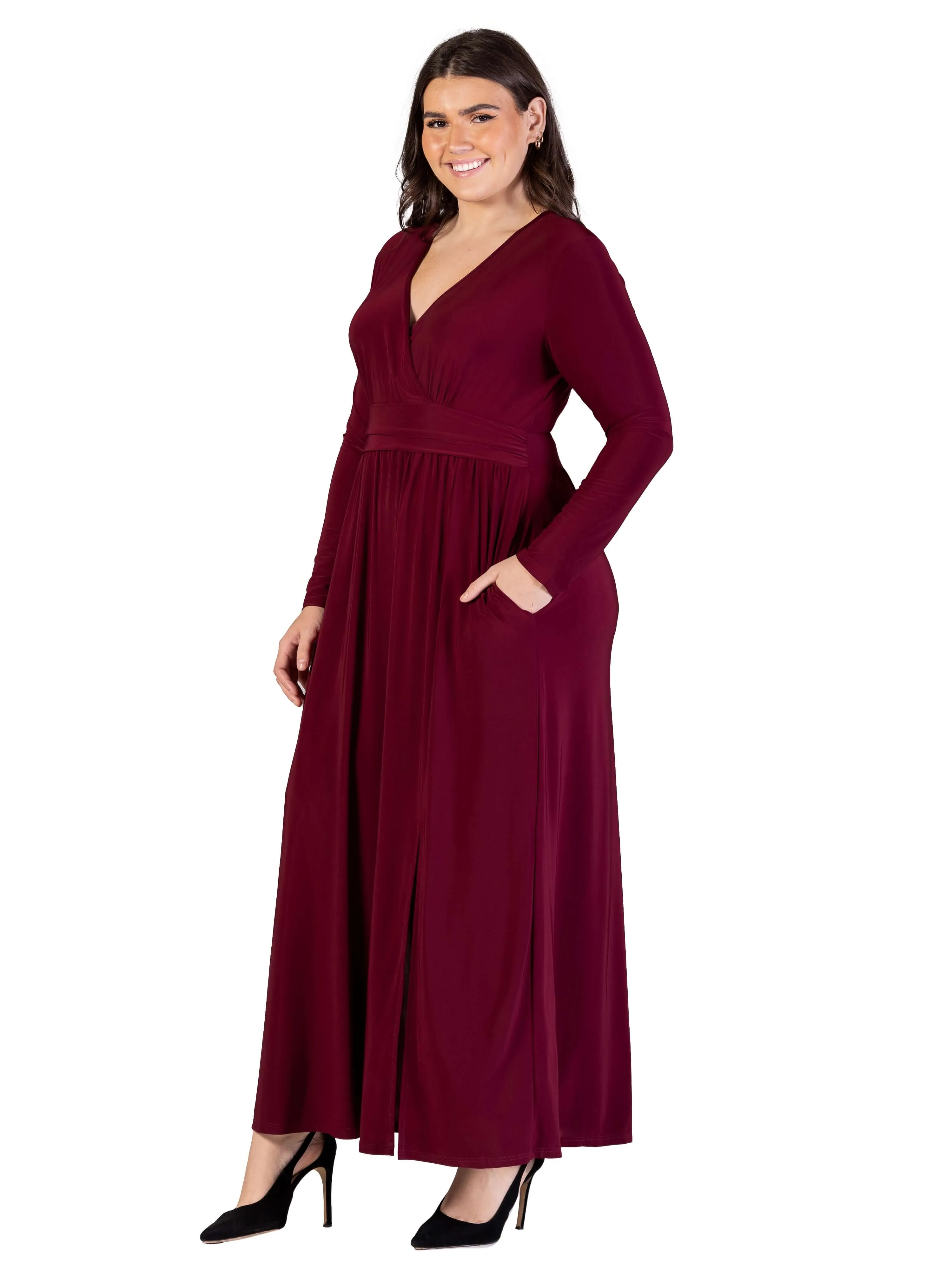 Long Sleeve V Neck Side Slit Plus Size Maxi Dress