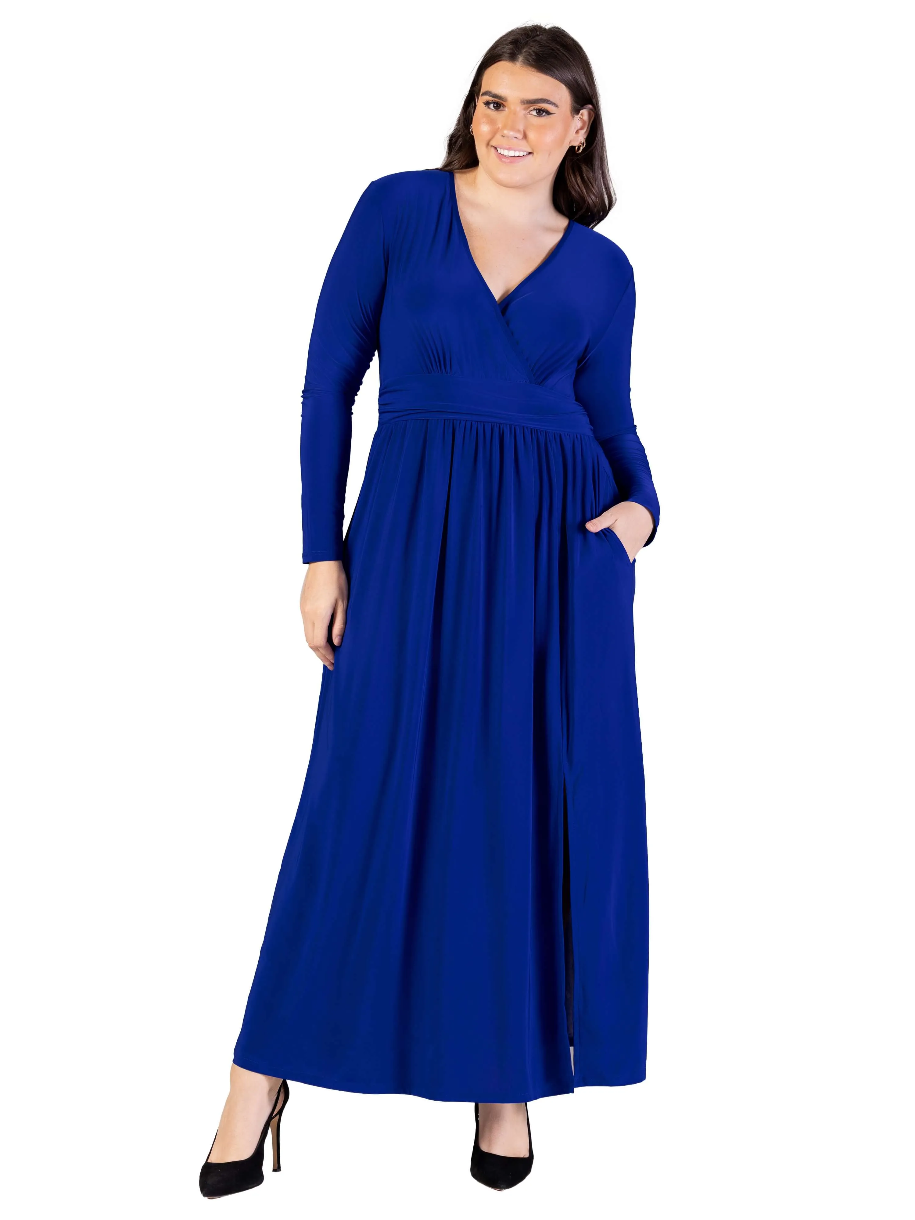 Long Sleeve V Neck Side Slit Plus Size Maxi Dress