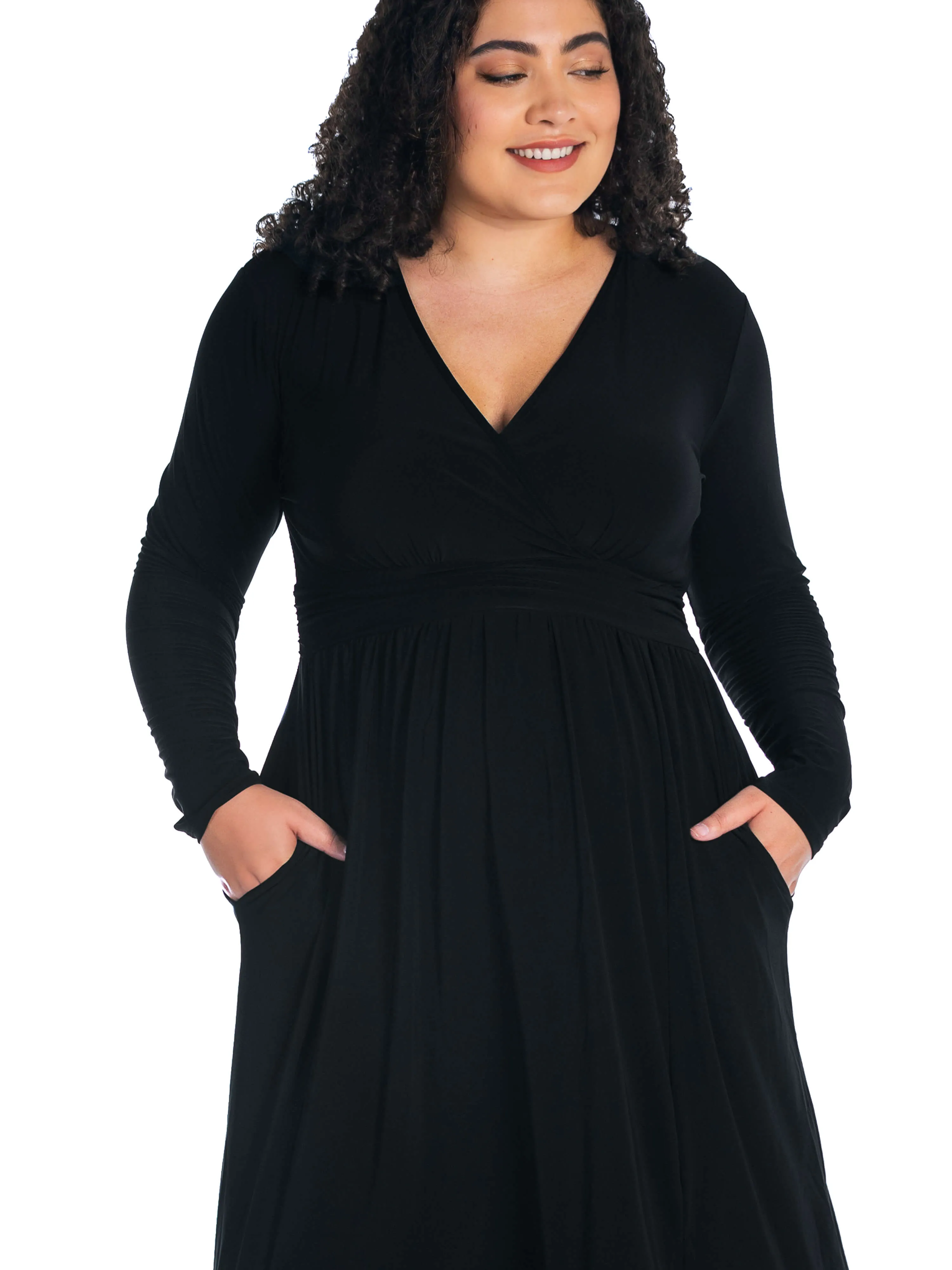 Long Sleeve V Neck Side Slit Plus Size Maxi Dress