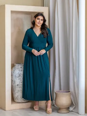 Long Sleeve V Neck Side Slit Plus Size Maxi Dress