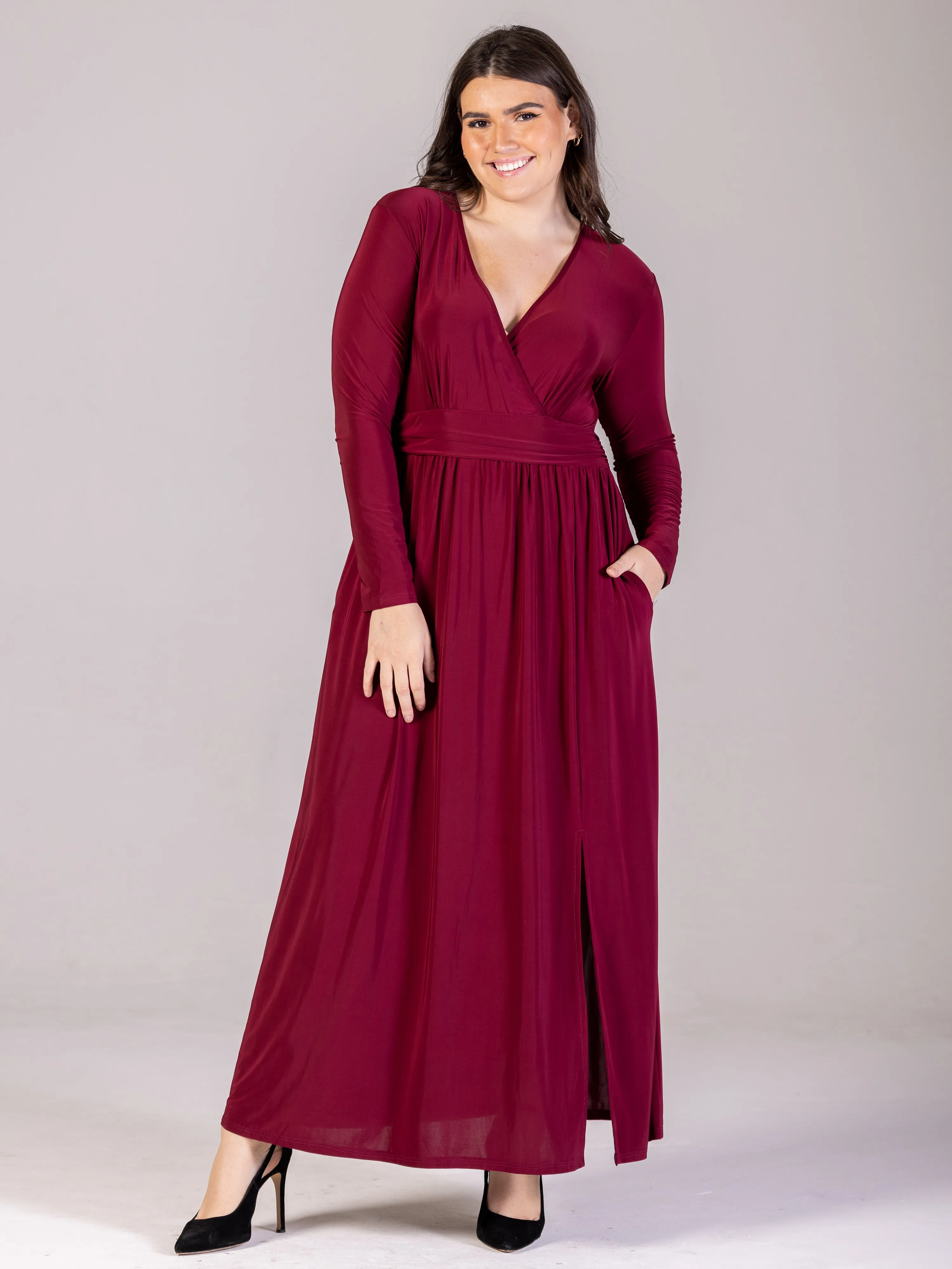 Long Sleeve V Neck Side Slit Plus Size Maxi Dress