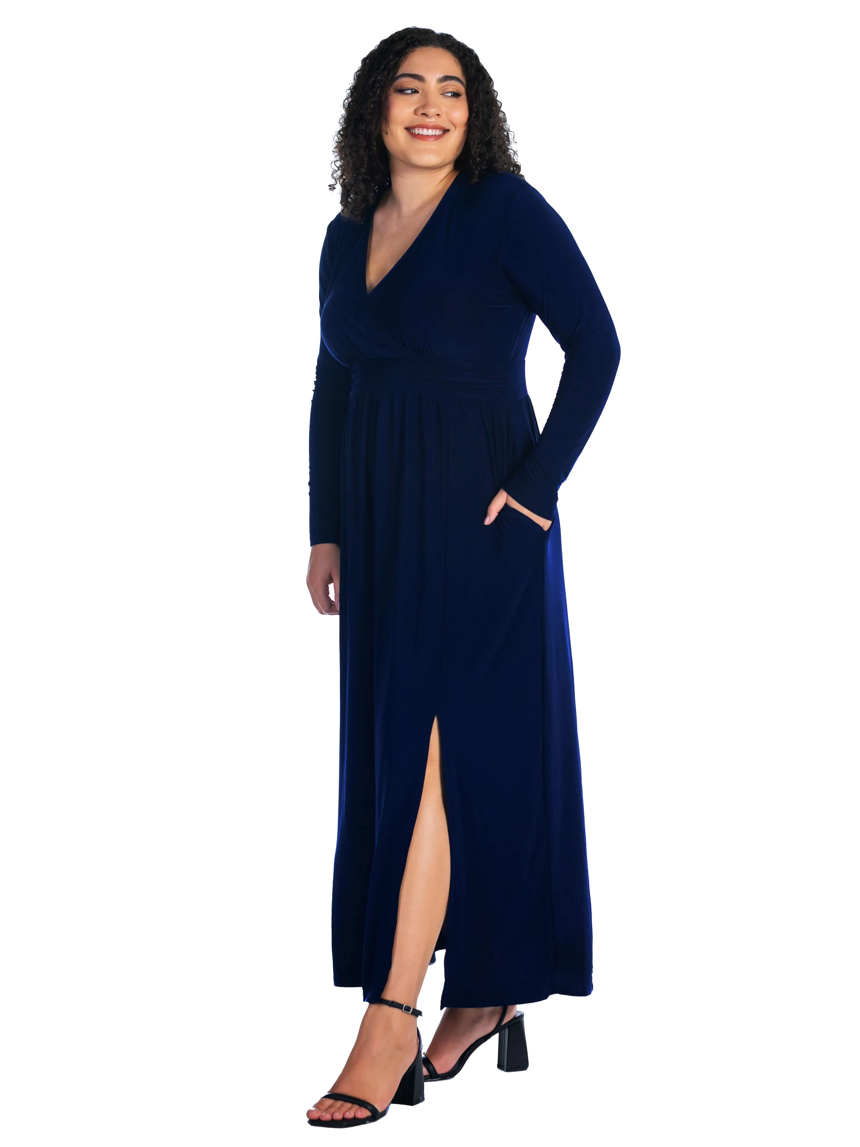 Long Sleeve V Neck Side Slit Plus Size Maxi Dress