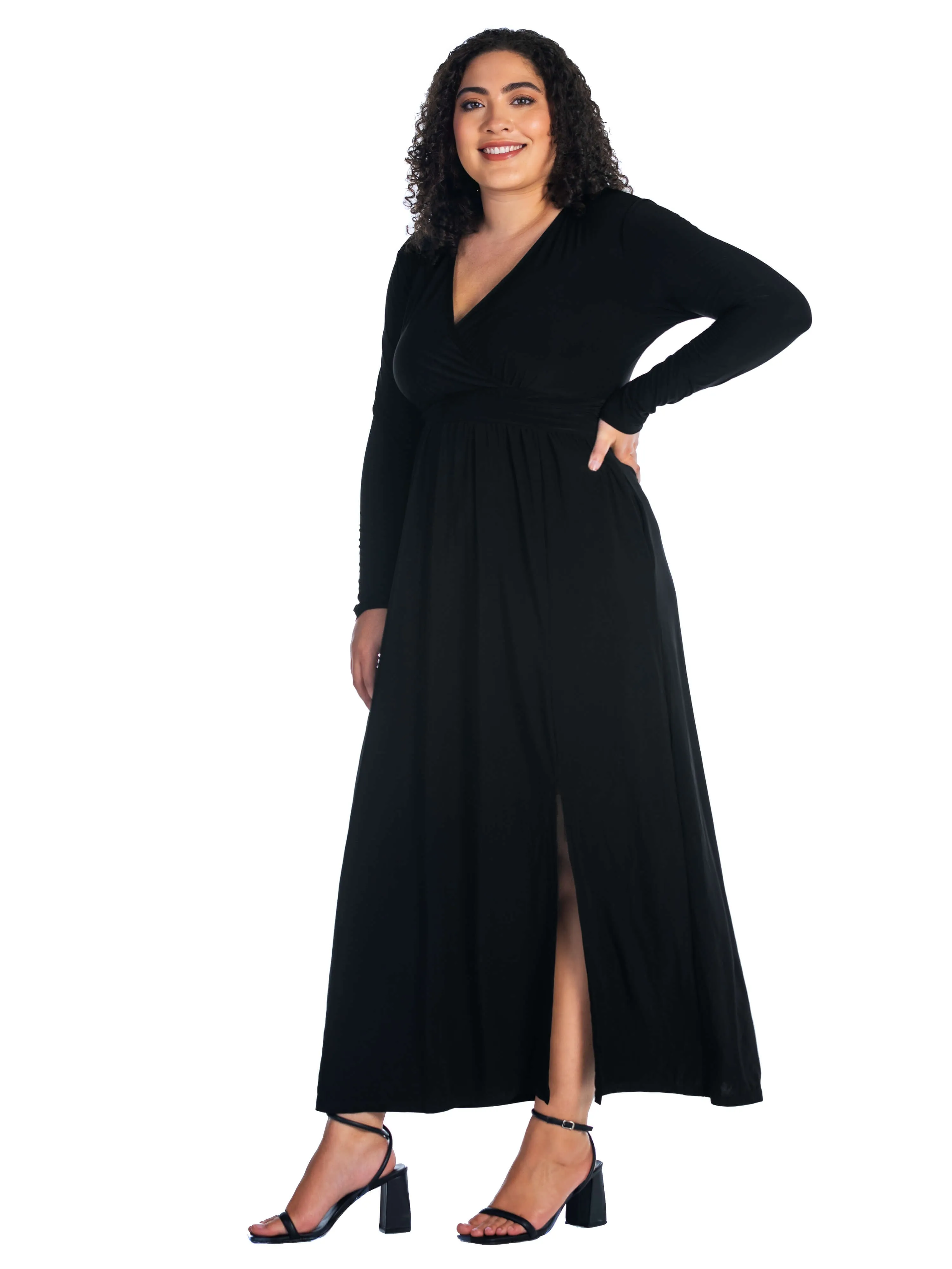 Long Sleeve V Neck Side Slit Plus Size Maxi Dress