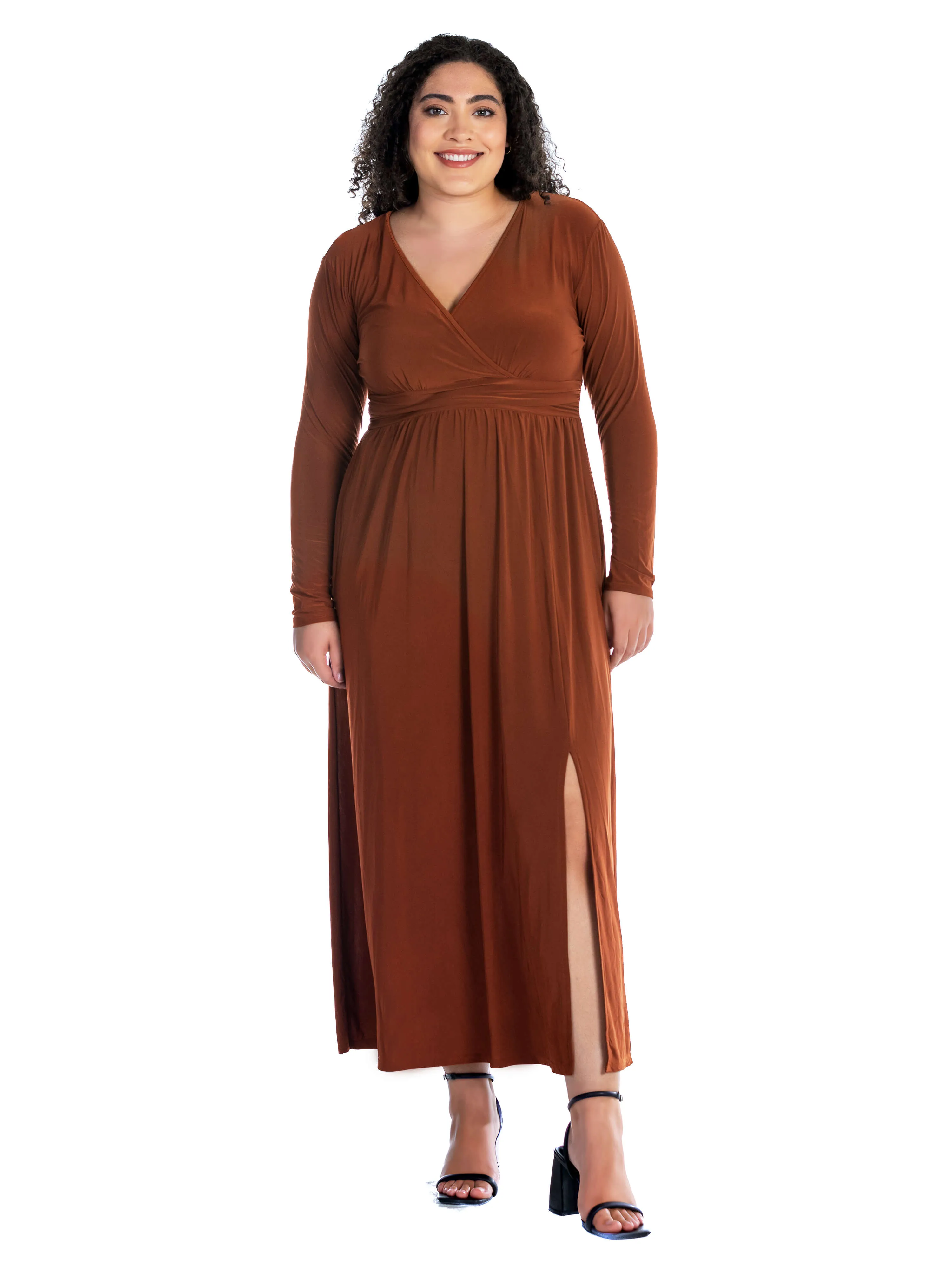 Long Sleeve V Neck Side Slit Plus Size Maxi Dress