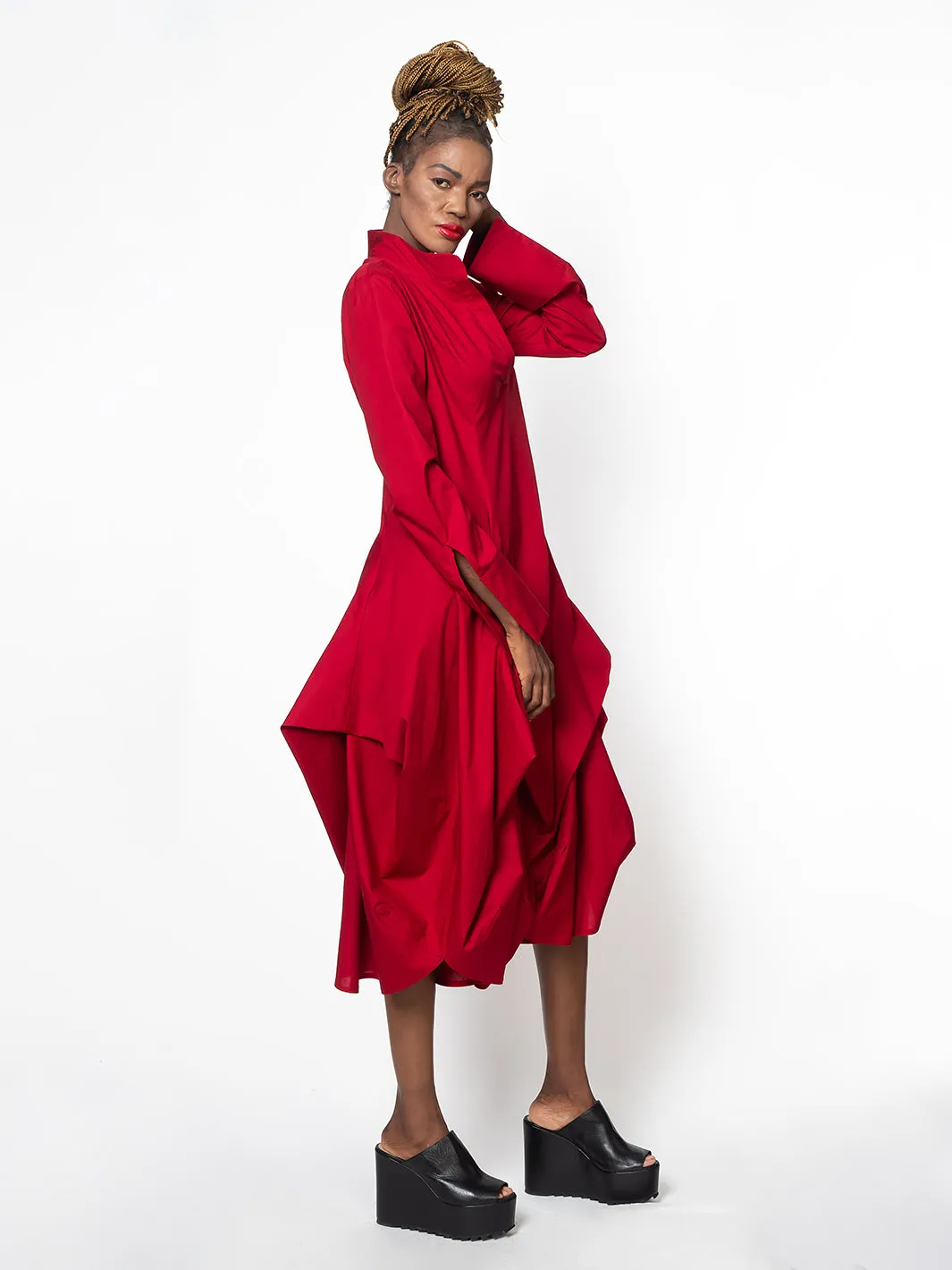 Maxi Asymmetric Collar Shirt  Dress In Red