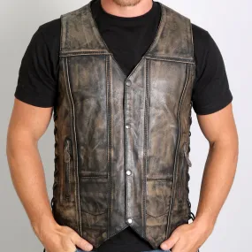 Men's Distressed Brown Leather Vest w/ 2 Concealed Carry Pockets, VSM1029-HL