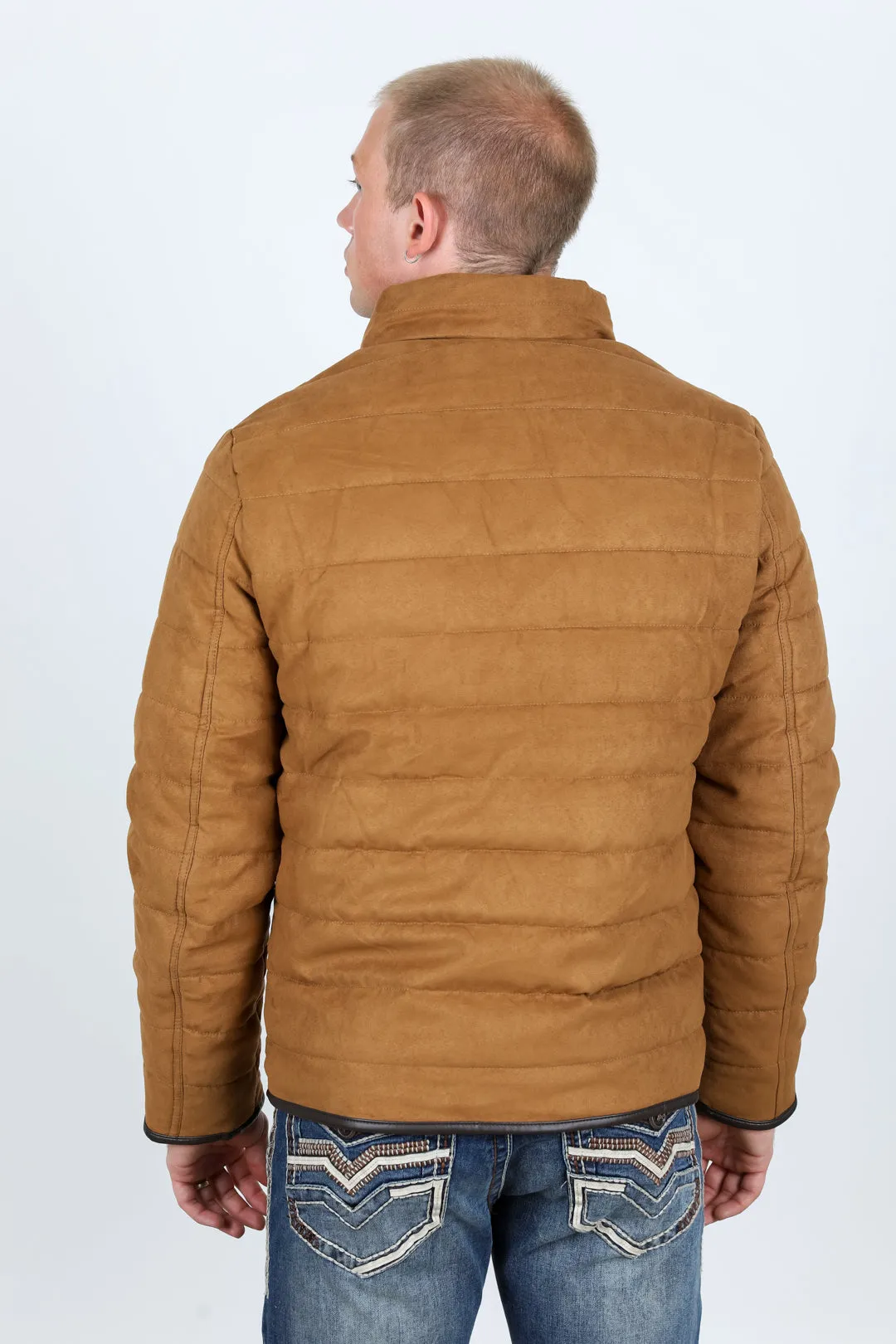 Mens Fur Lined Quilted Faux Suede Jacket - Camel