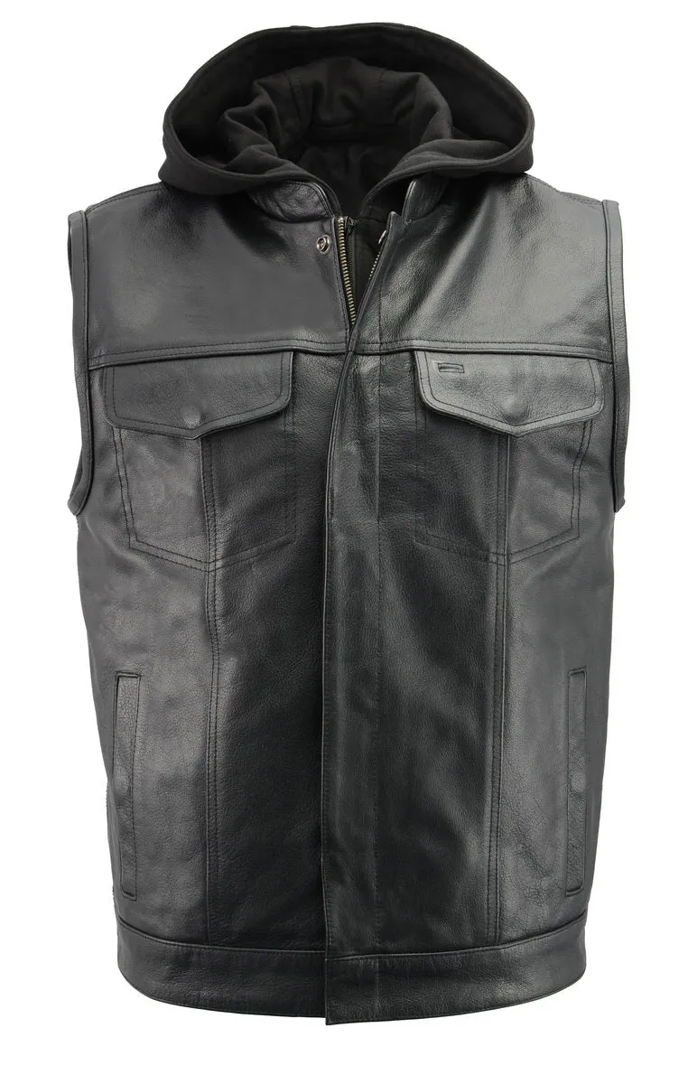 Men’s Premium Black Leather Club Style Motorcycle Riding Vest with Removable Bib Hoodie BZ6110