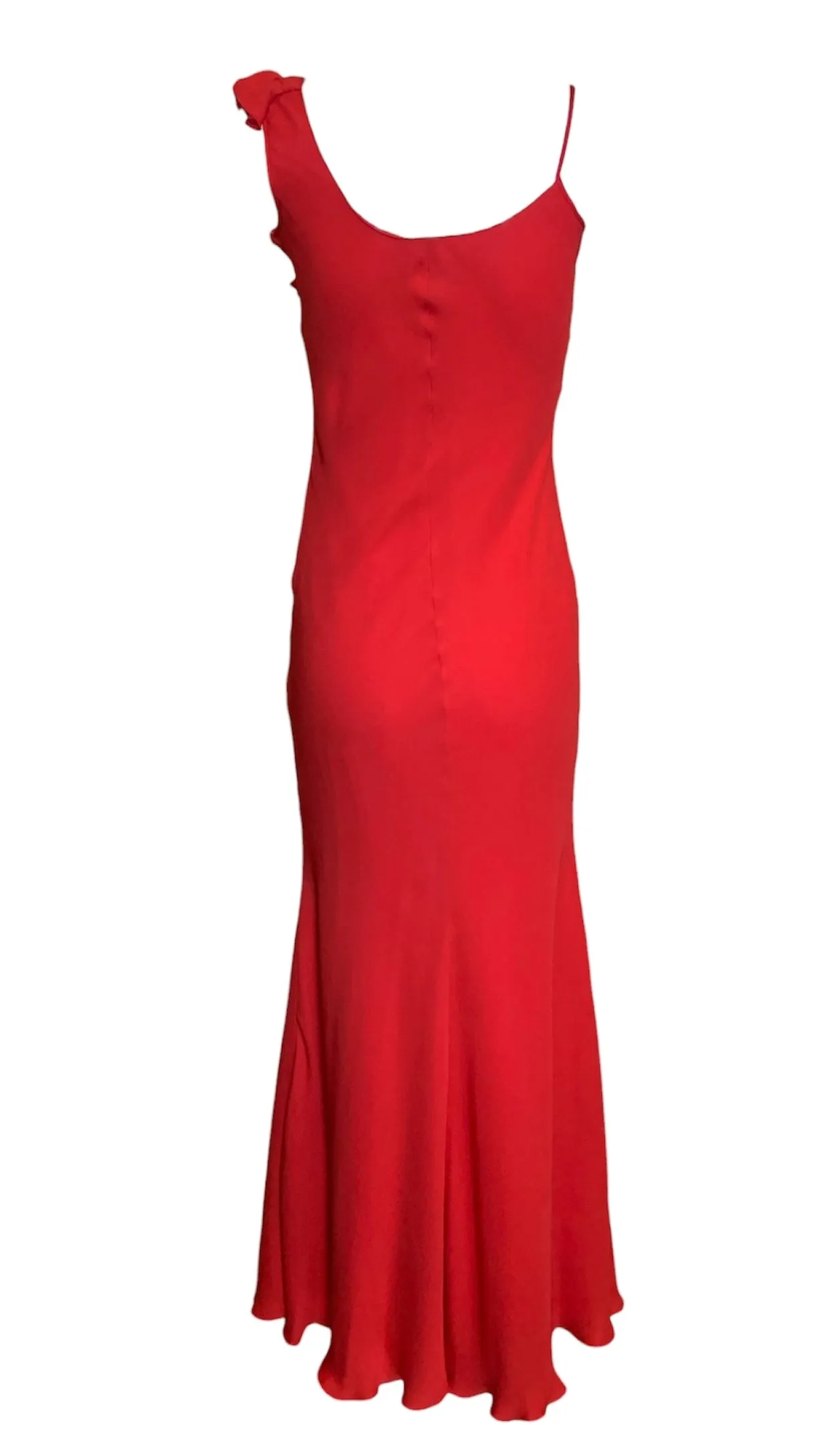 Mila Schön Cherry Red Asymmetrical Ruffled Detail Gown