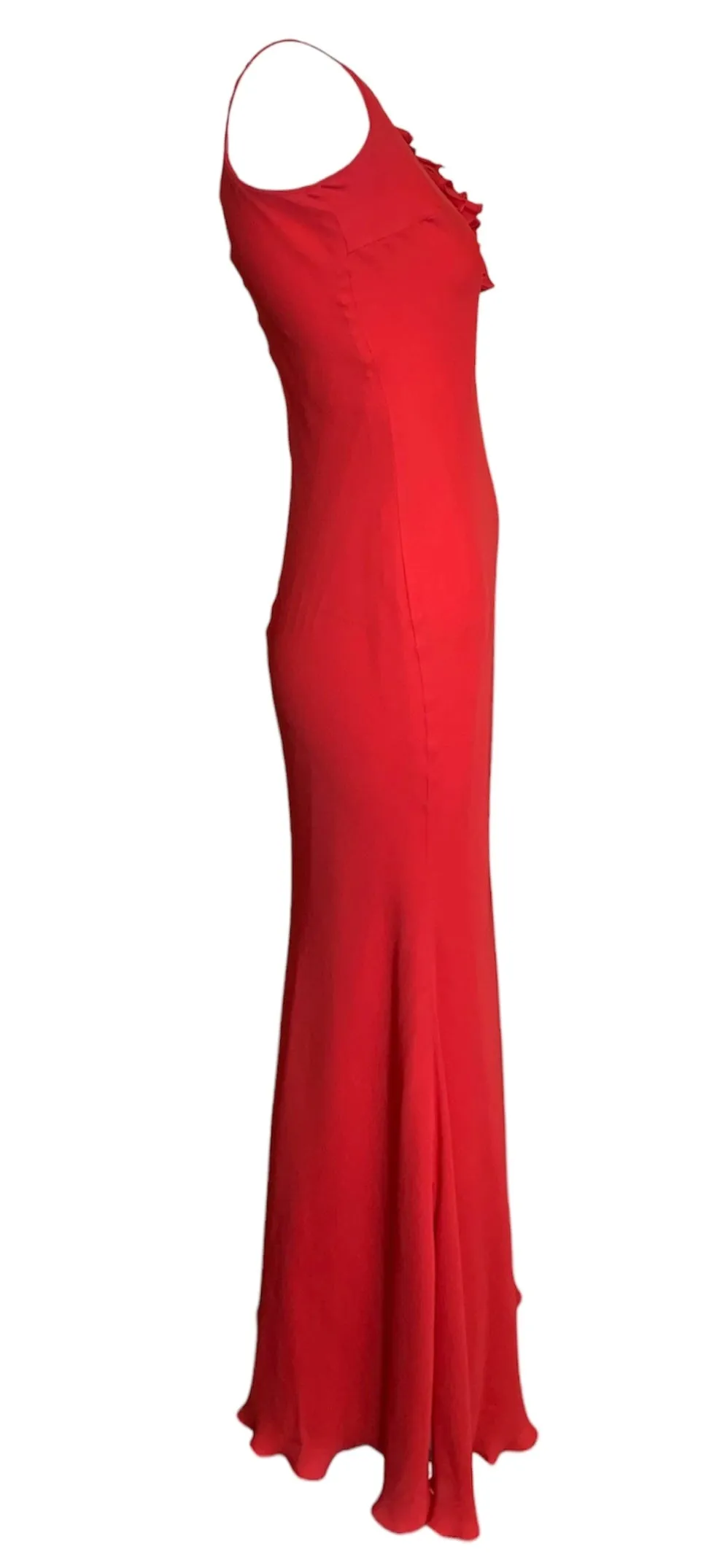 Mila Schön Cherry Red Asymmetrical Ruffled Detail Gown