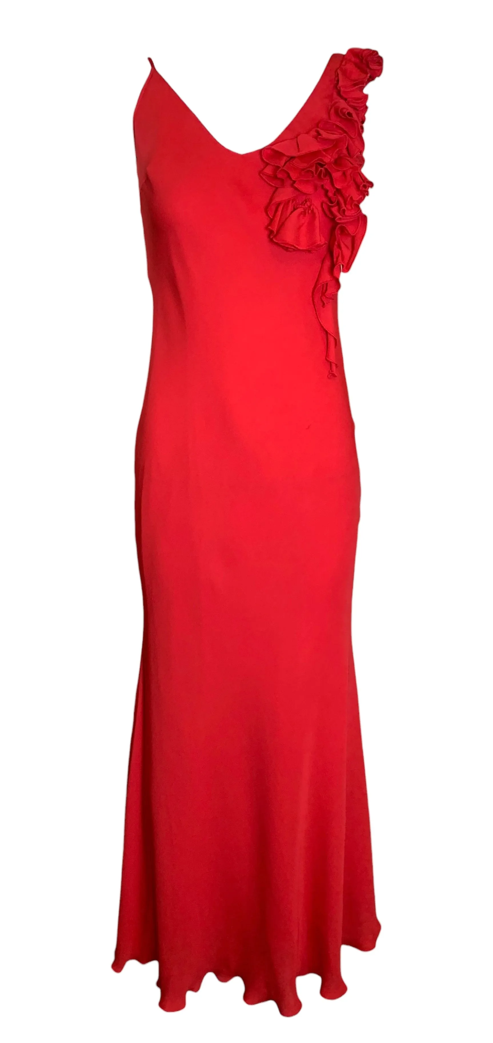 Mila Schön Cherry Red Asymmetrical Ruffled Detail Gown