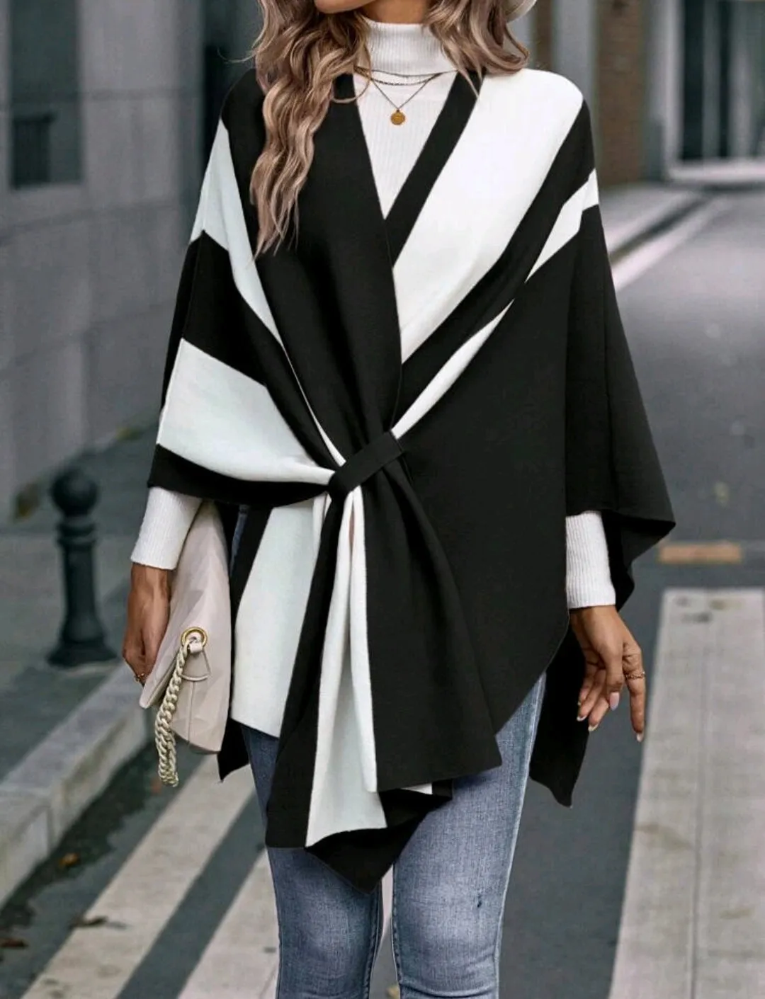 Monochrome Two Tone Cloak Sleeve Asymmetrical Hem Cardigan