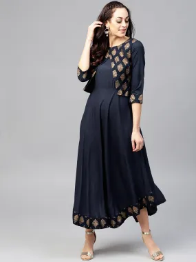 Navy Blue  3/4Th Sleeve Printed Maxi Dress With Round Neck