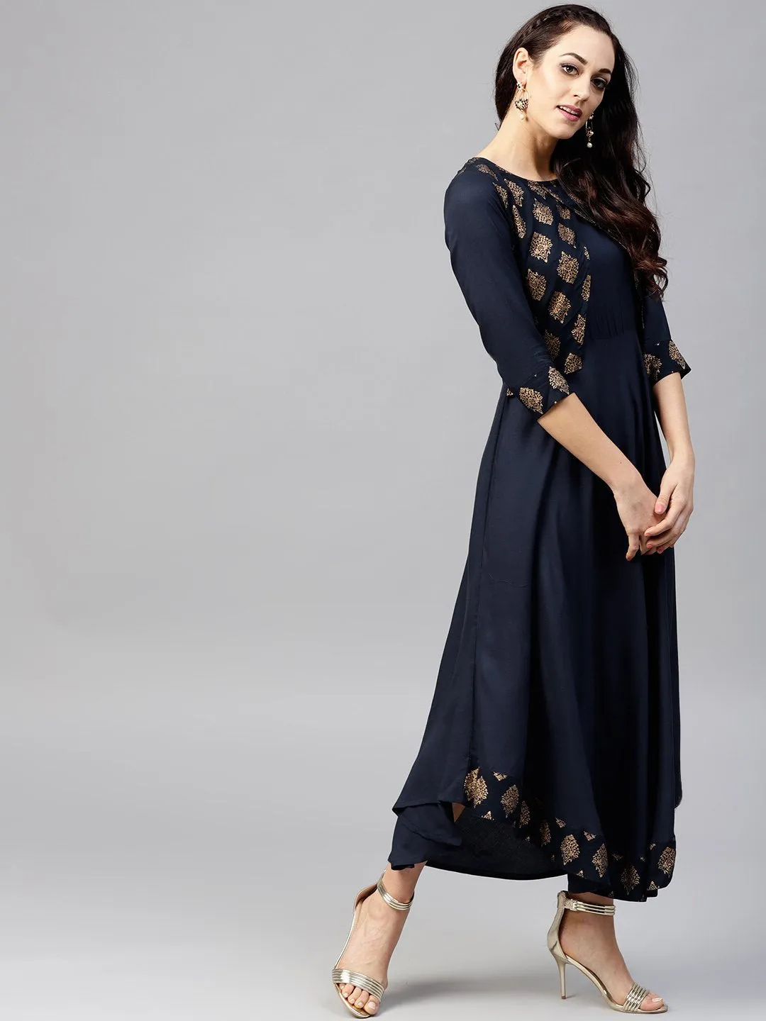 Navy Blue  3/4Th Sleeve Printed Maxi Dress With Round Neck