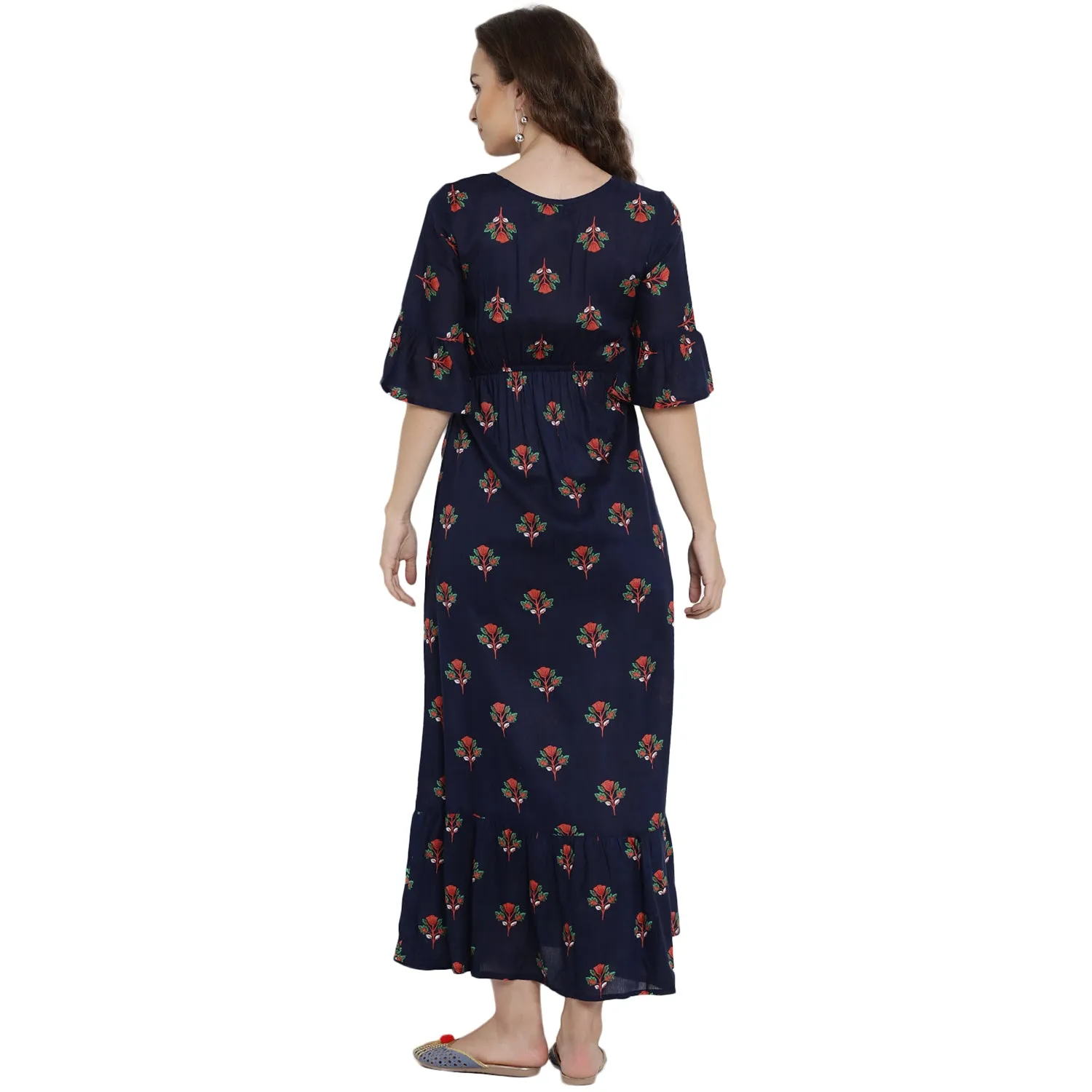 Navy Blue Floral Print Maternity and Nursing Maxi Dress