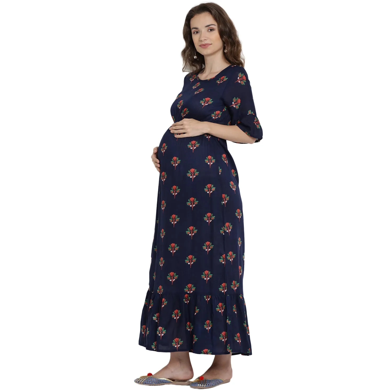 Navy Blue Floral Print Maternity and Nursing Maxi Dress