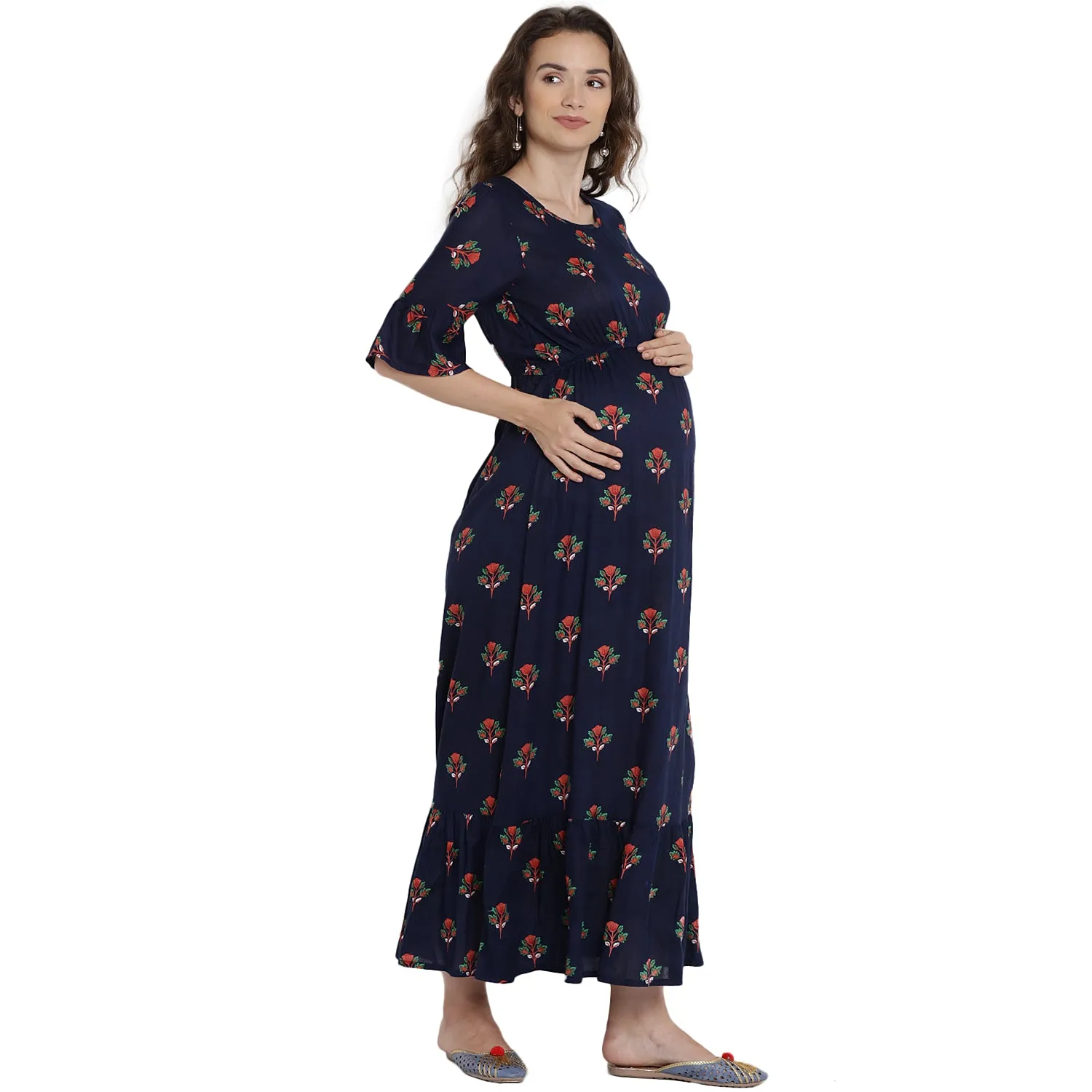 Navy Blue Floral Print Maternity and Nursing Maxi Dress