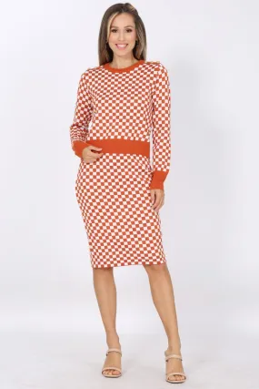 Orange Monochrome Check Sweater Set