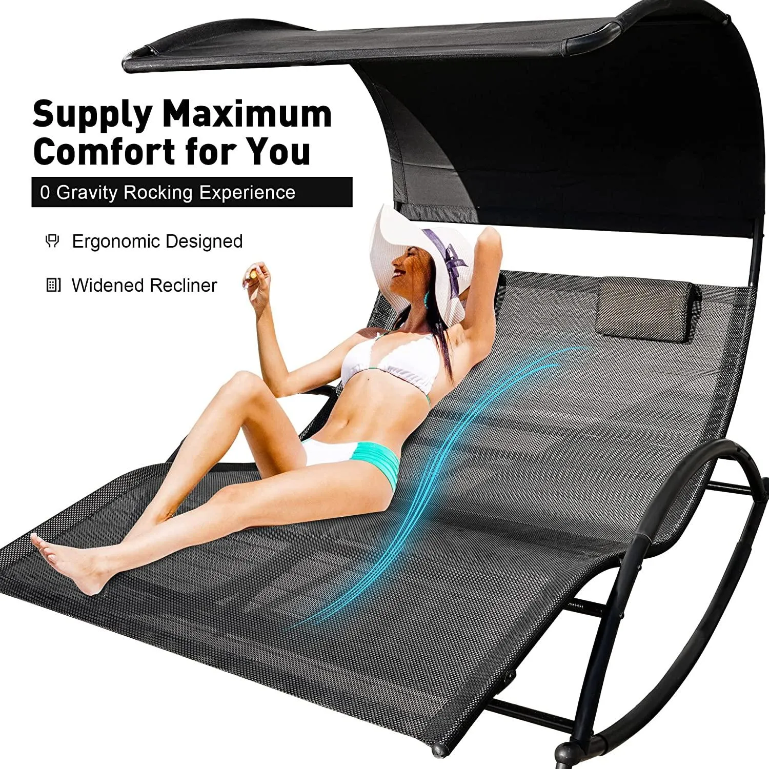 Outdoor Double Chaise Lounge Bed Chair Sun Lounger with Canopy & Both Removable Pillows