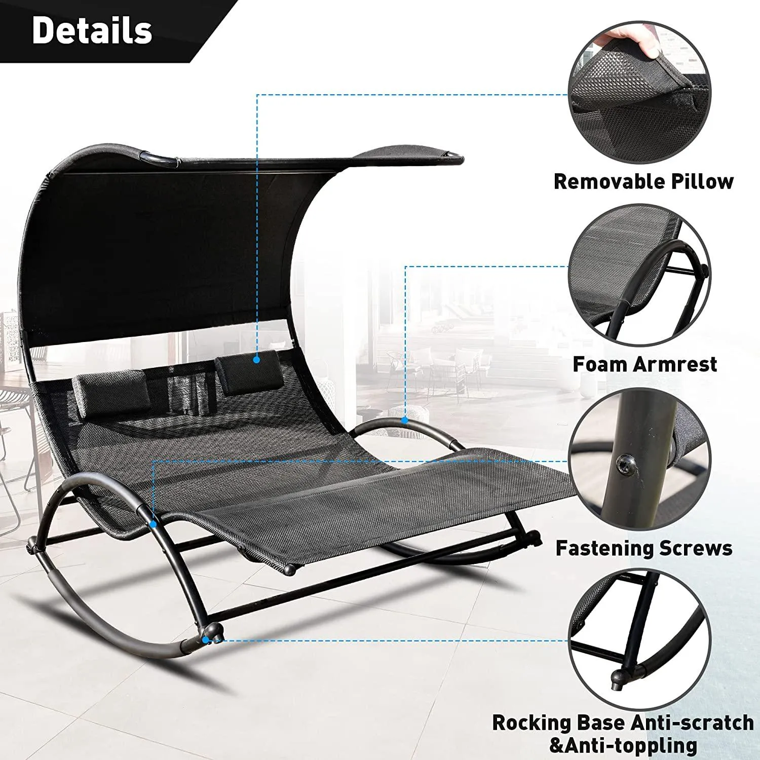 Outdoor Double Chaise Lounge Bed Chair Sun Lounger with Canopy & Both Removable Pillows