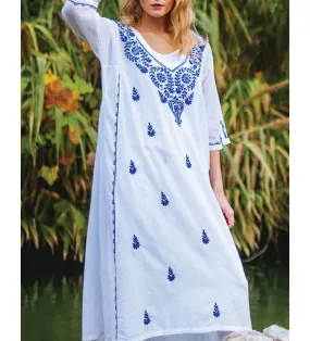 Parama Embroidered Caftan: White with Blue