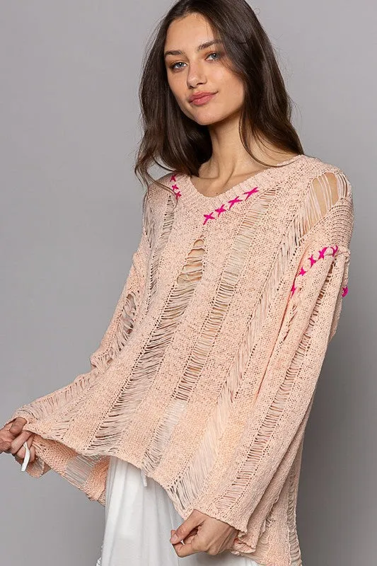 Peach Jam Stitch Detail Long Sleeve Distressed Sweater