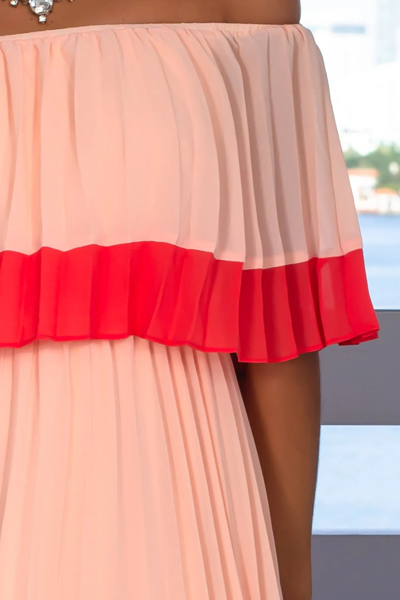 Peach Off Shoulder Pleated Maxi Dress