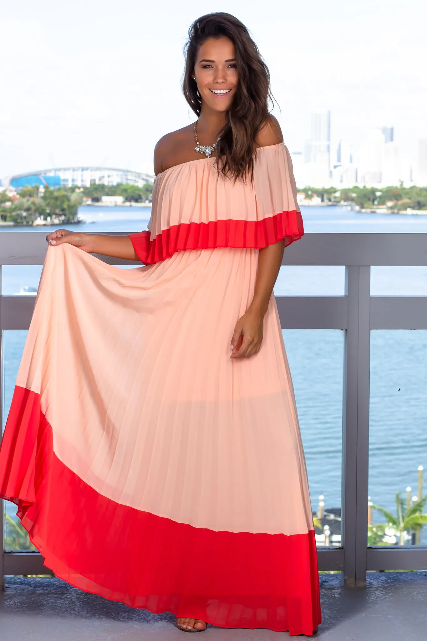 Peach Off Shoulder Pleated Maxi Dress