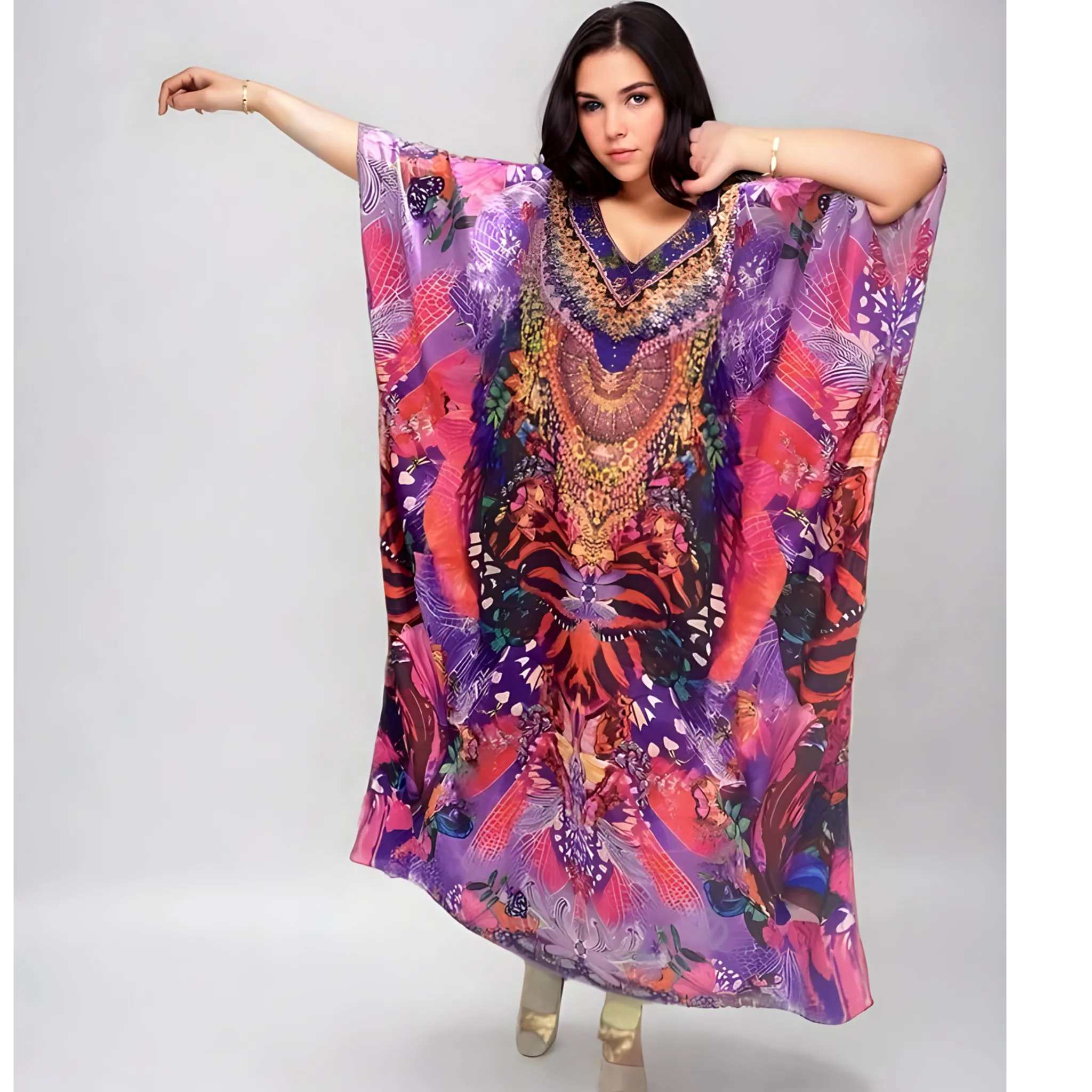 Pink Floral Maya Silk Mix Bling Kaftan.                                 Sizes Available AU 12-28