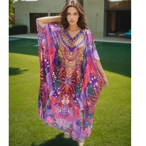 Pink Floral Maya Silk Mix Bling Kaftan.                                 Sizes Available AU 12-28