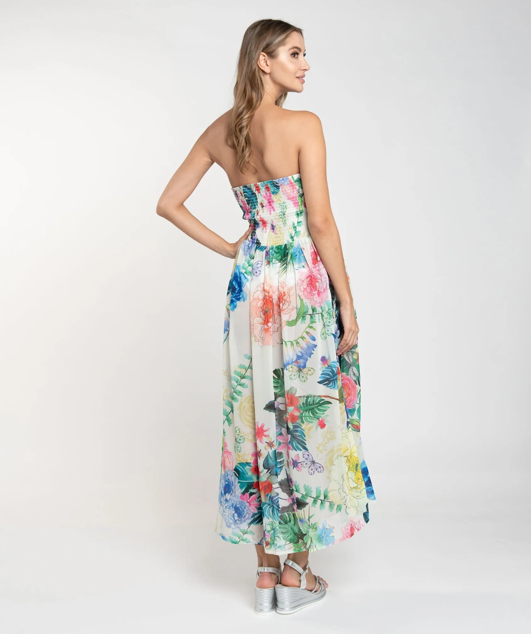 Pink Floral Print Maxi Dress with Elasticated Bandeau Top