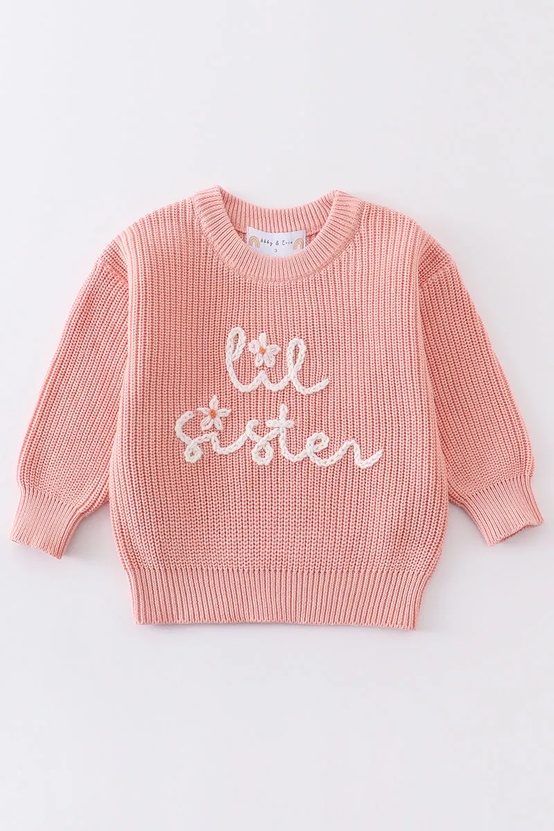 Pink lil sister hand-embroidered pullover sweater