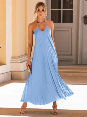 Pleated Halter Neck Sleeveless Maxi Resort Dress